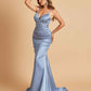 Satin Mermaid V-neck Prom Dresses Spaghetti Straps Floor Length
