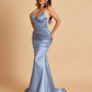 Satin Mermaid V-neck Prom Dresses Spaghetti Straps Floor Length