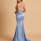 Satin Mermaid V-neck Prom Dresses Spaghetti Straps Floor Length