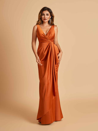 Sexy Satin Sheath V-neck Bridesmaid Dresses Strapless Floor Length