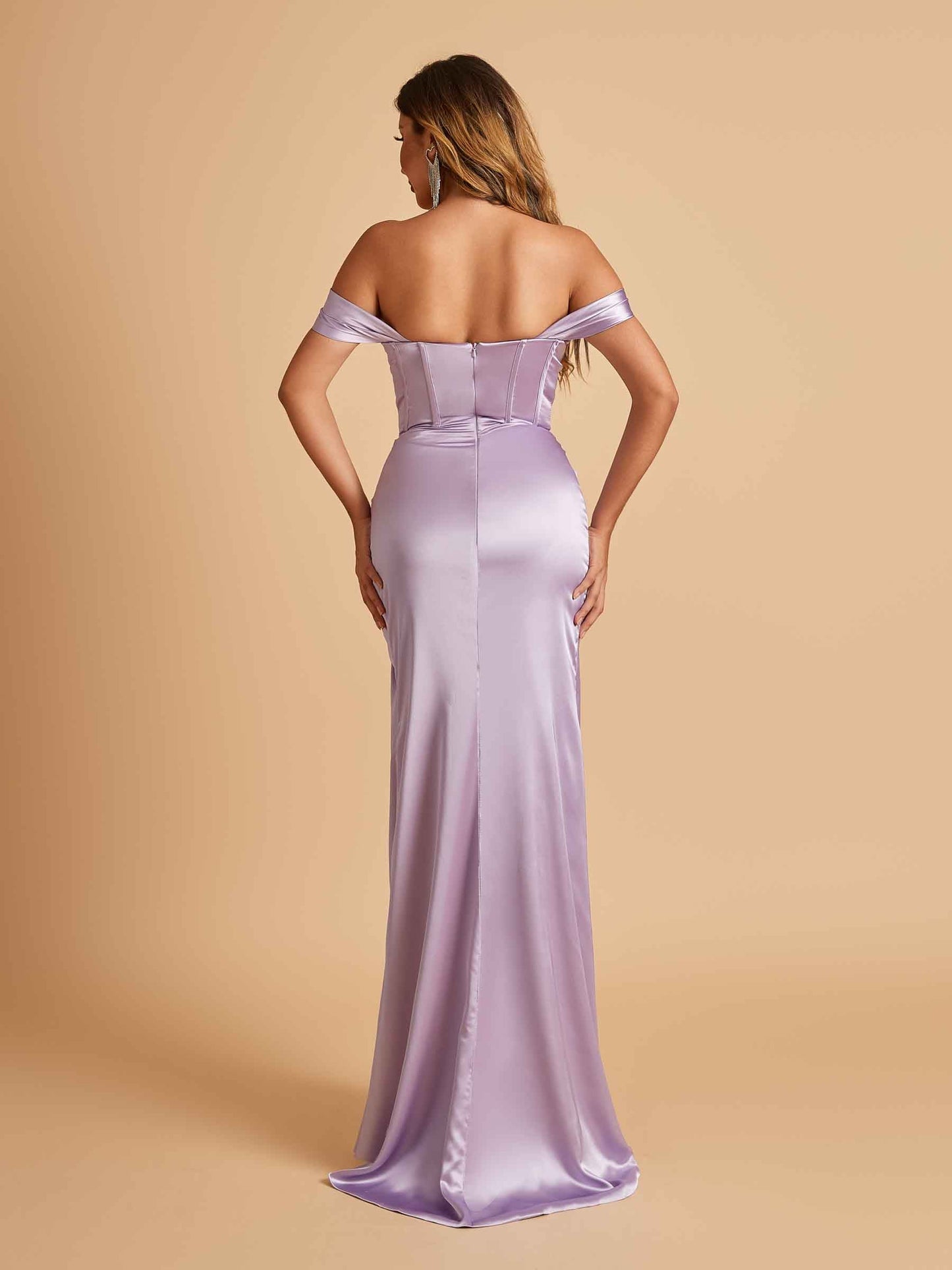 Satin Corset Off Shoulder Bridesmaid Dresses Sheath Side Slit Floor Length For Sale
