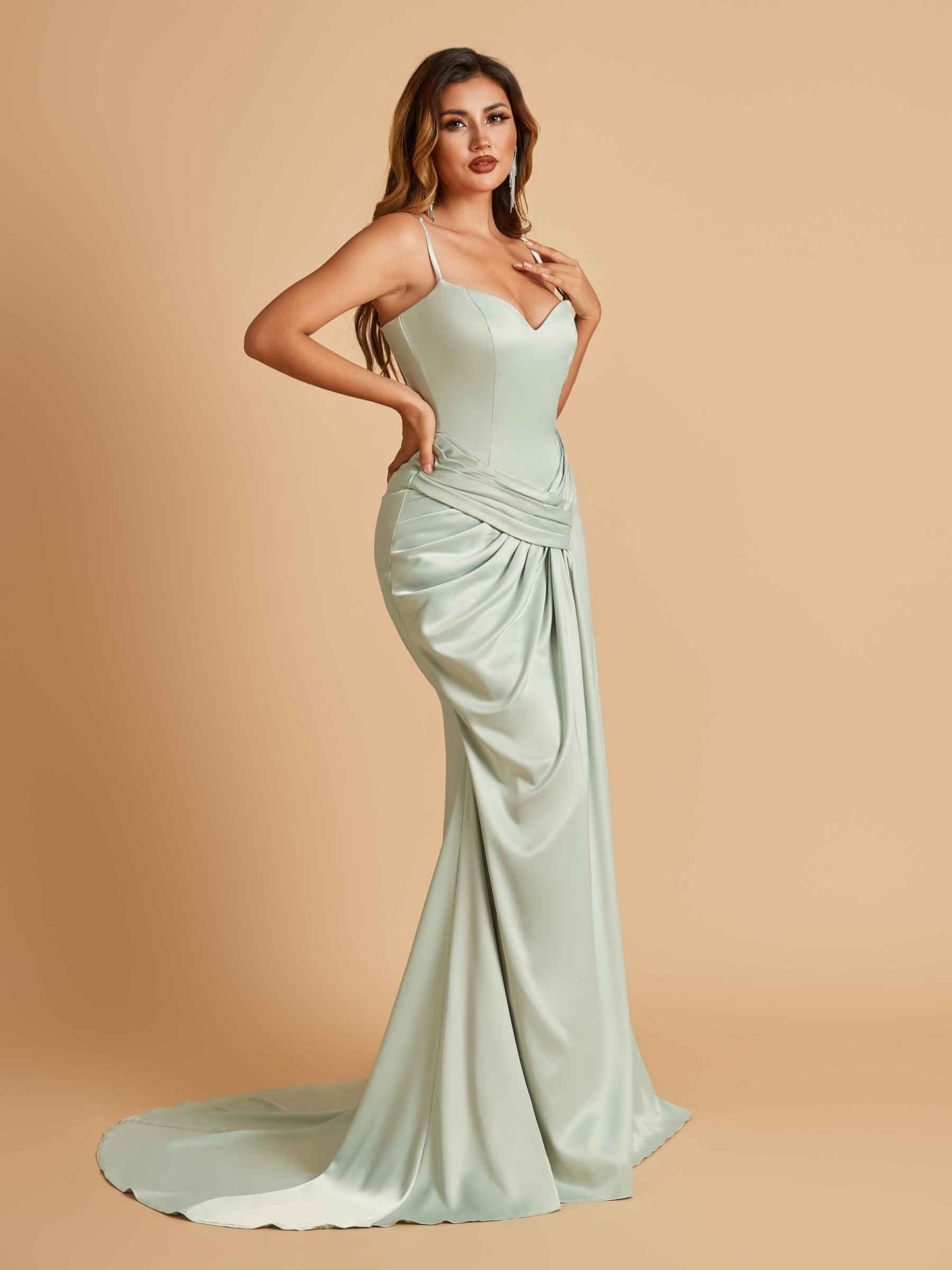 Satin Mermaid Sweetheart Bridesmaid Dresses Spaghetti Straps With Pleats Floor Length