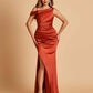 Unique Satin One Shoulder Prom Dresses Side Slit Half Open Back Floor Length