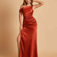 Unique Satin One Shoulder Prom Dresses Side Slit Half Open Back Floor Length