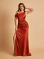 Unique Satin One Shoulder Bridesmaid Dresses Side Slit Half Open Back Floor Length