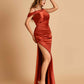 Unique Satin One Shoulder Prom Dresses Side Slit Half Open Back Floor Length