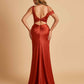 Unique Satin One Shoulder Prom Dresses Side Slit Half Open Back Floor Length