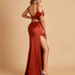 Unique Satin One Shoulder Bridesmaid Dresses Side Slit Half Open Back Floor Length