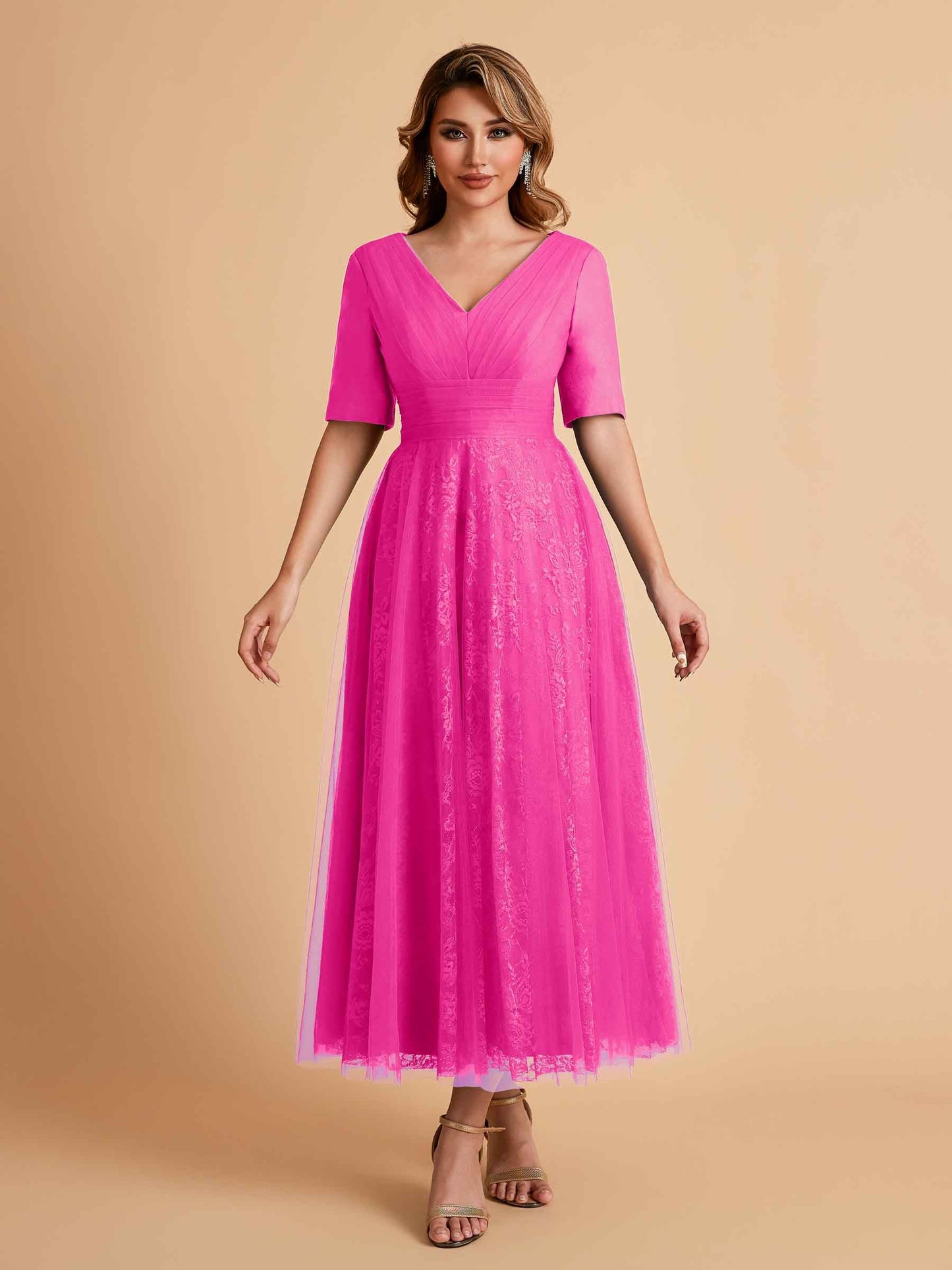 Elegant A-line Half Sleeves V-neck Mother of the Brides Dresses Online
