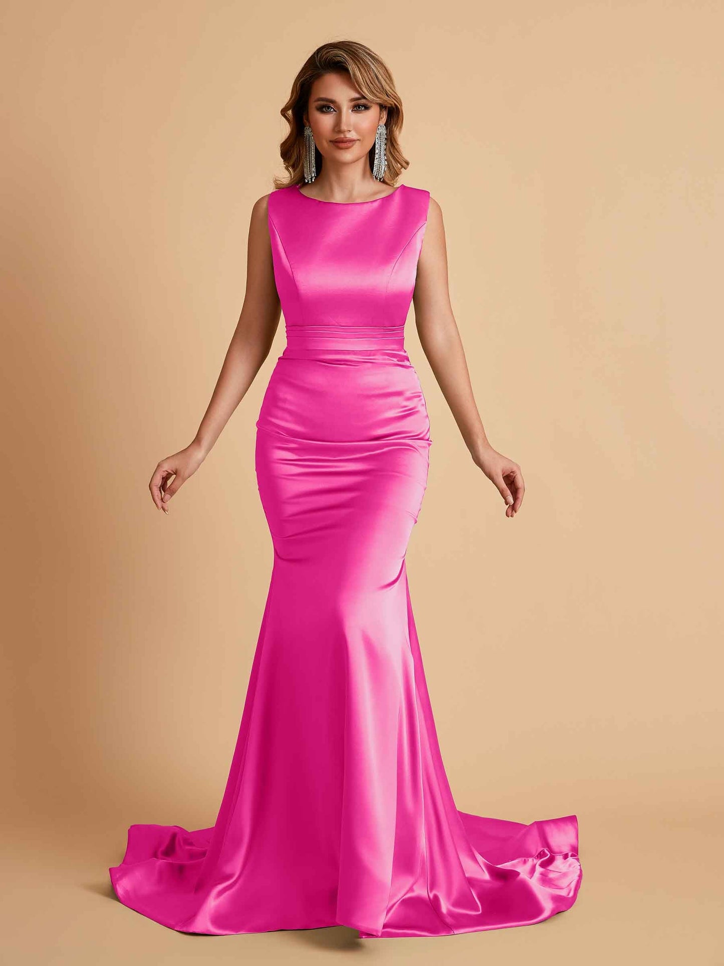 Elegant Satin Sleeveless Pleats Mermaid Bridesmaid Dresses Floor Length