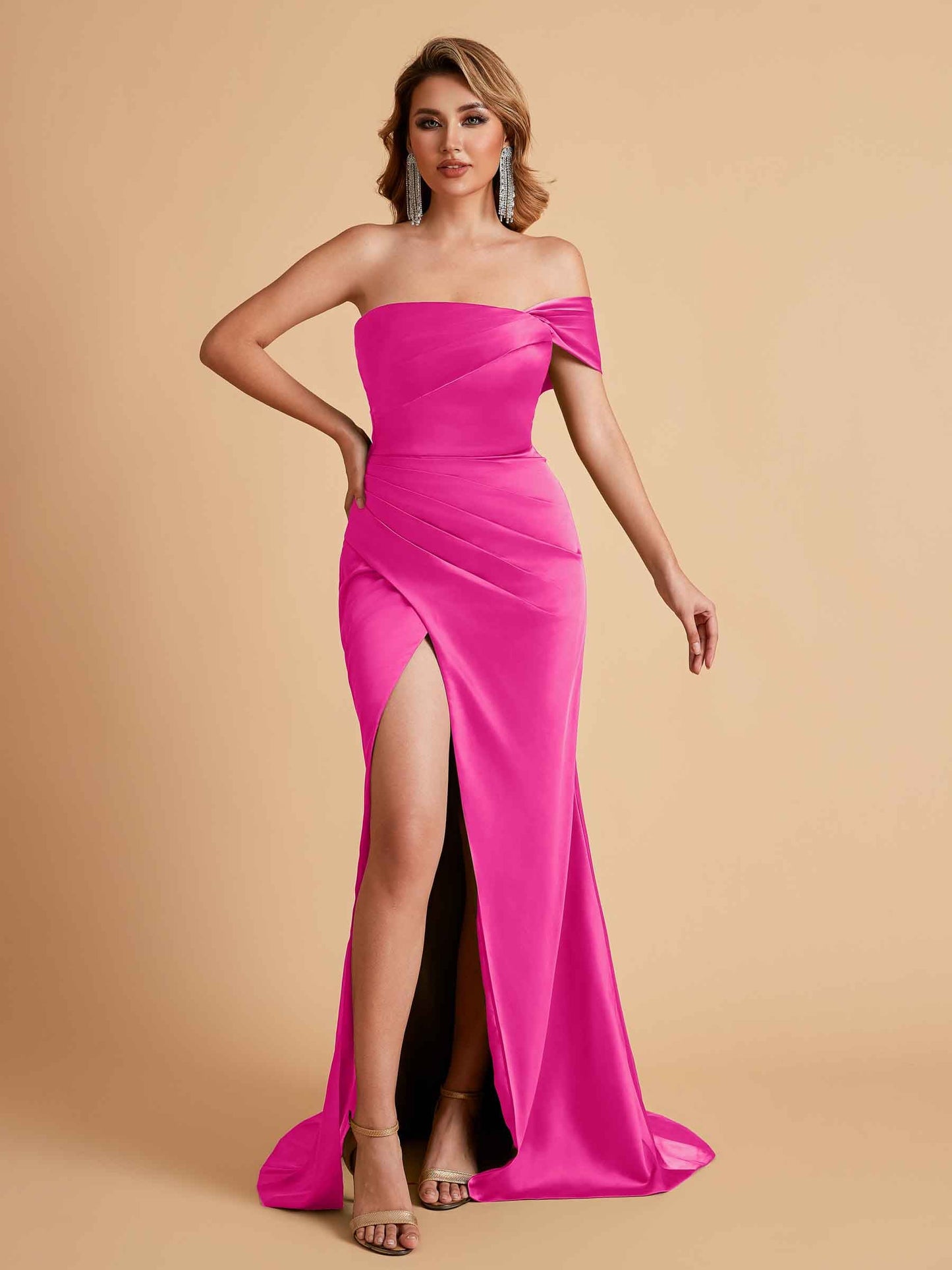 Sexy Satin One Shoulder Pleats Mermaid Bridesmaid Dresses Side Slit Floor Length