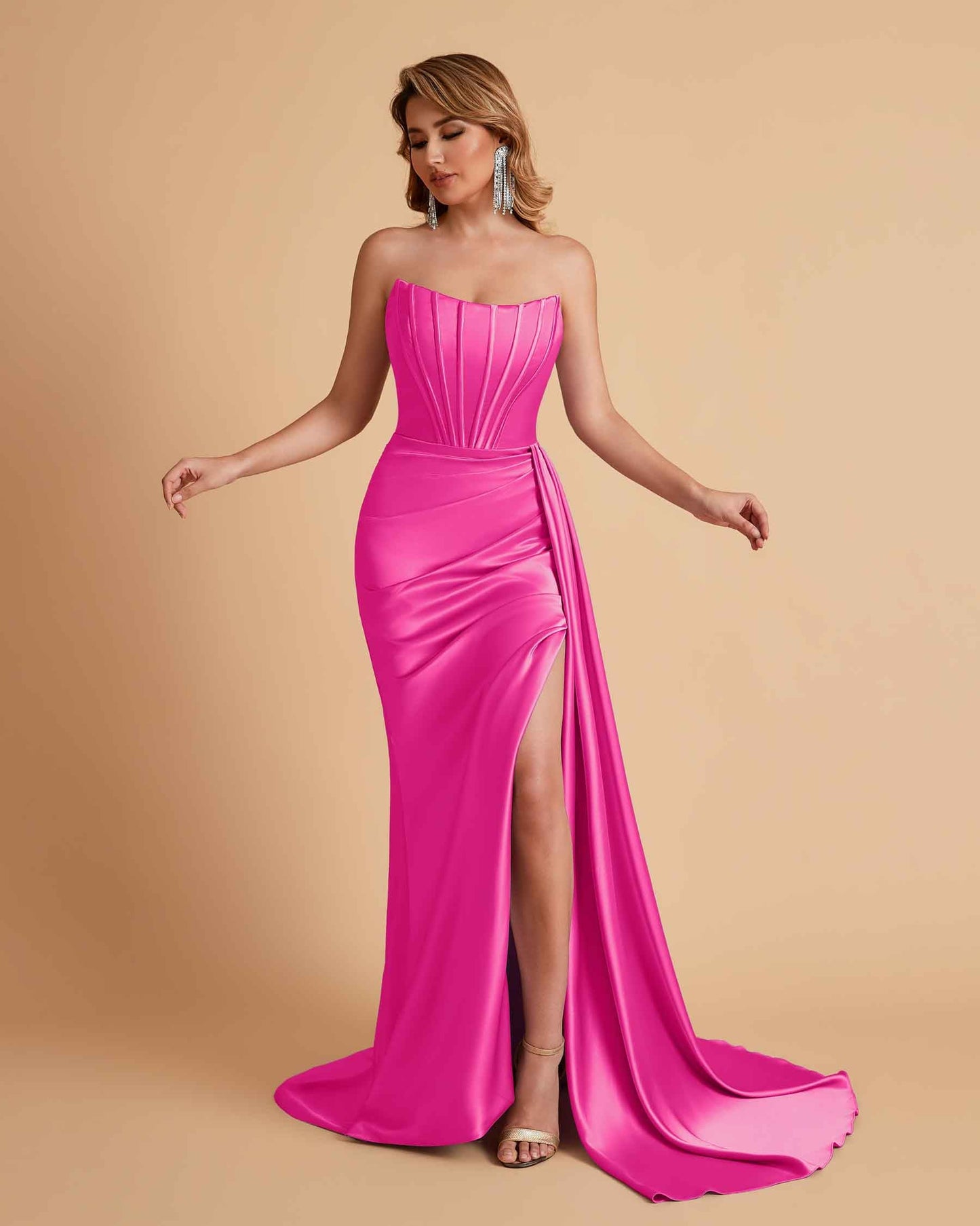 Sexy Satin Sleeveless Pleats Mermaid Bridesmaid Dresses Side Slit Floor Length