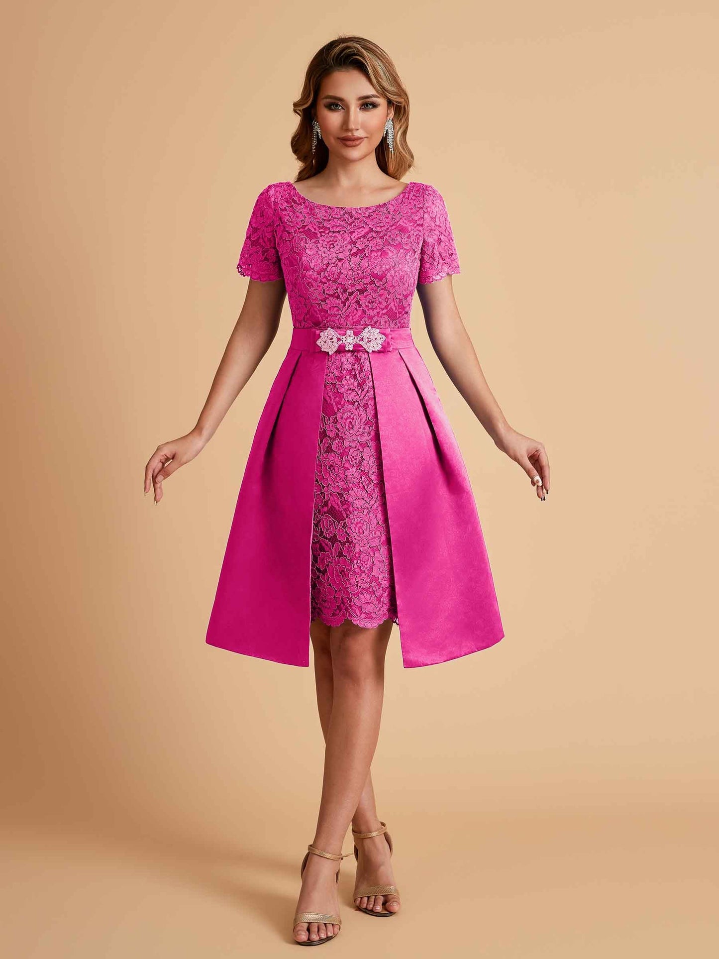 Elegant A-line Short Sleeves Jewel Knee Length Mother of the Brides Dresses