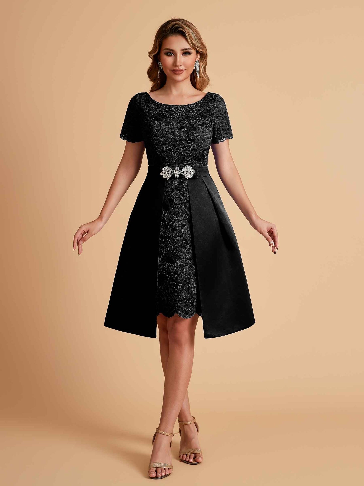 Elegant A-line Short Sleeves Jewel Knee Length Mother of the Brides Dresses