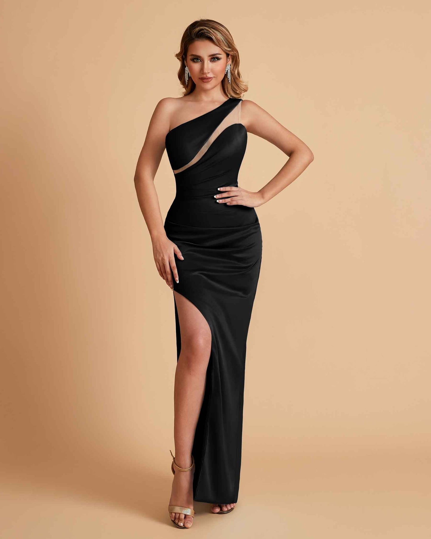 Sexy Satin One Shoulder Mermaid Bridesmaid Dresses Side Slit Floor Length
