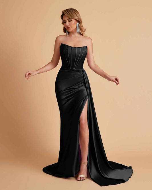 Sexy Satin Sleeveless Pleats Mermaid Bridesmaid Dresses Side Slit Floor Length