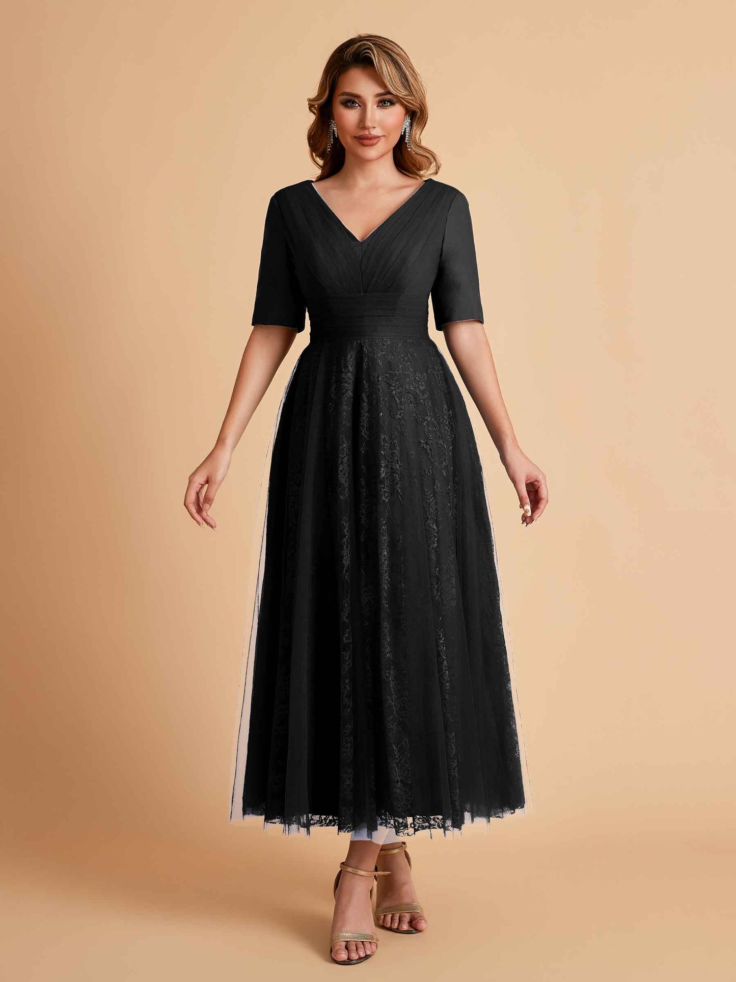 Elegant A-line Half Sleeves V-neck Mother of the Brides Dresses Online