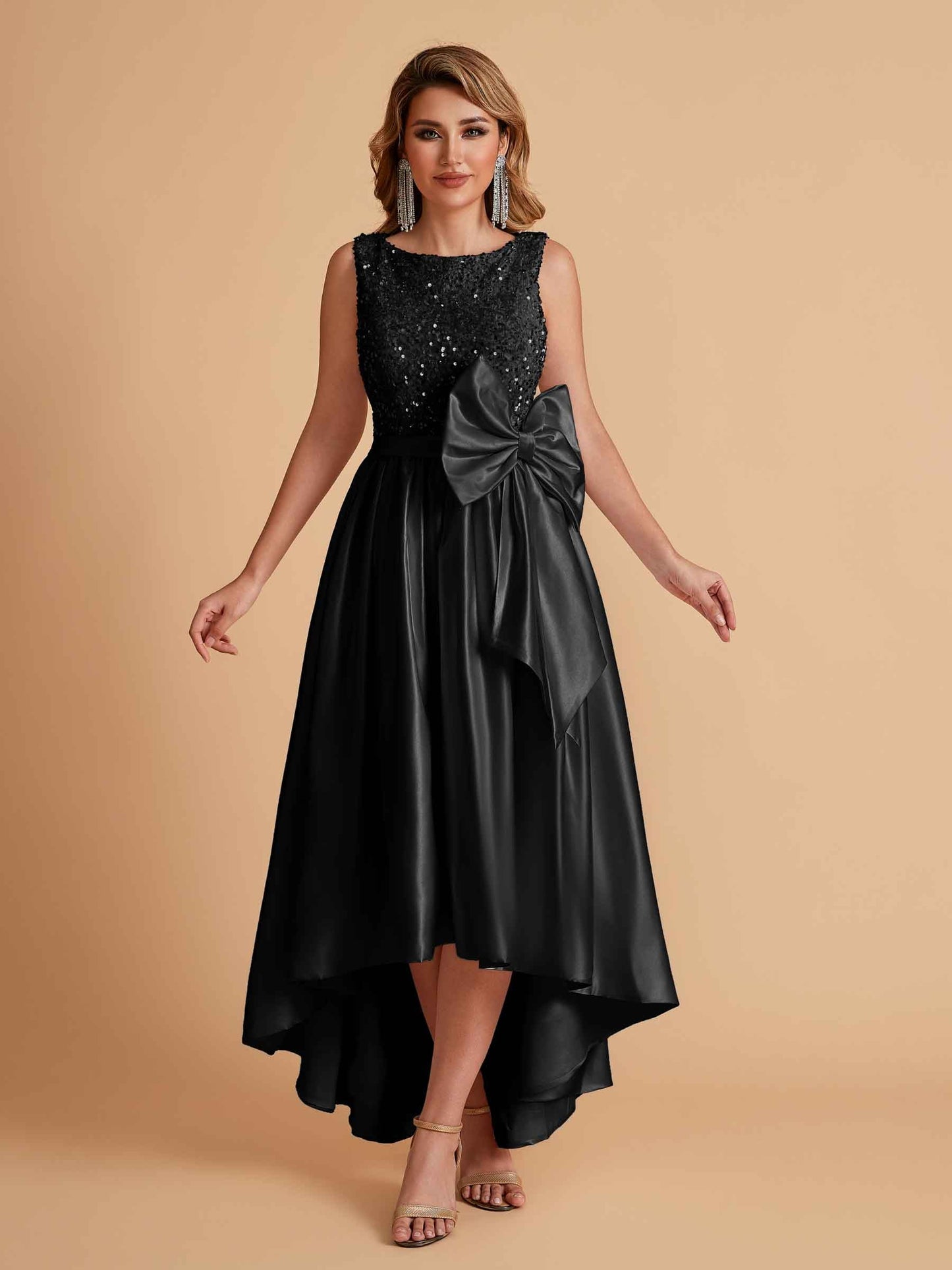 Sparkly Satin Sleeveless Pleats A-line Bridesmaid Dresses High-Low