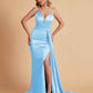 Sexy Satin Mermaid Spaghetti Straps V-neck Side Slit Long Bridesmaid Dresses