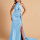 Elegant Satin Halter Pleats Side Slit Mermaid Bridesmaid Dresses Floor-Length