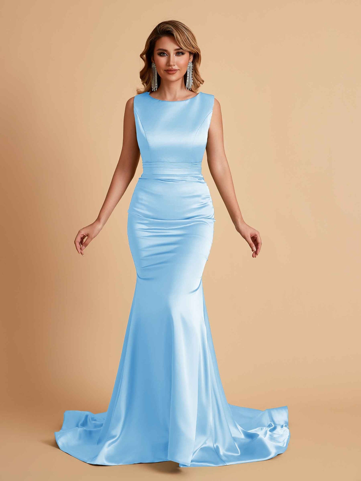 Elegant Satin Sleeveless Pleats Mermaid Bridesmaid Dresses Floor Length