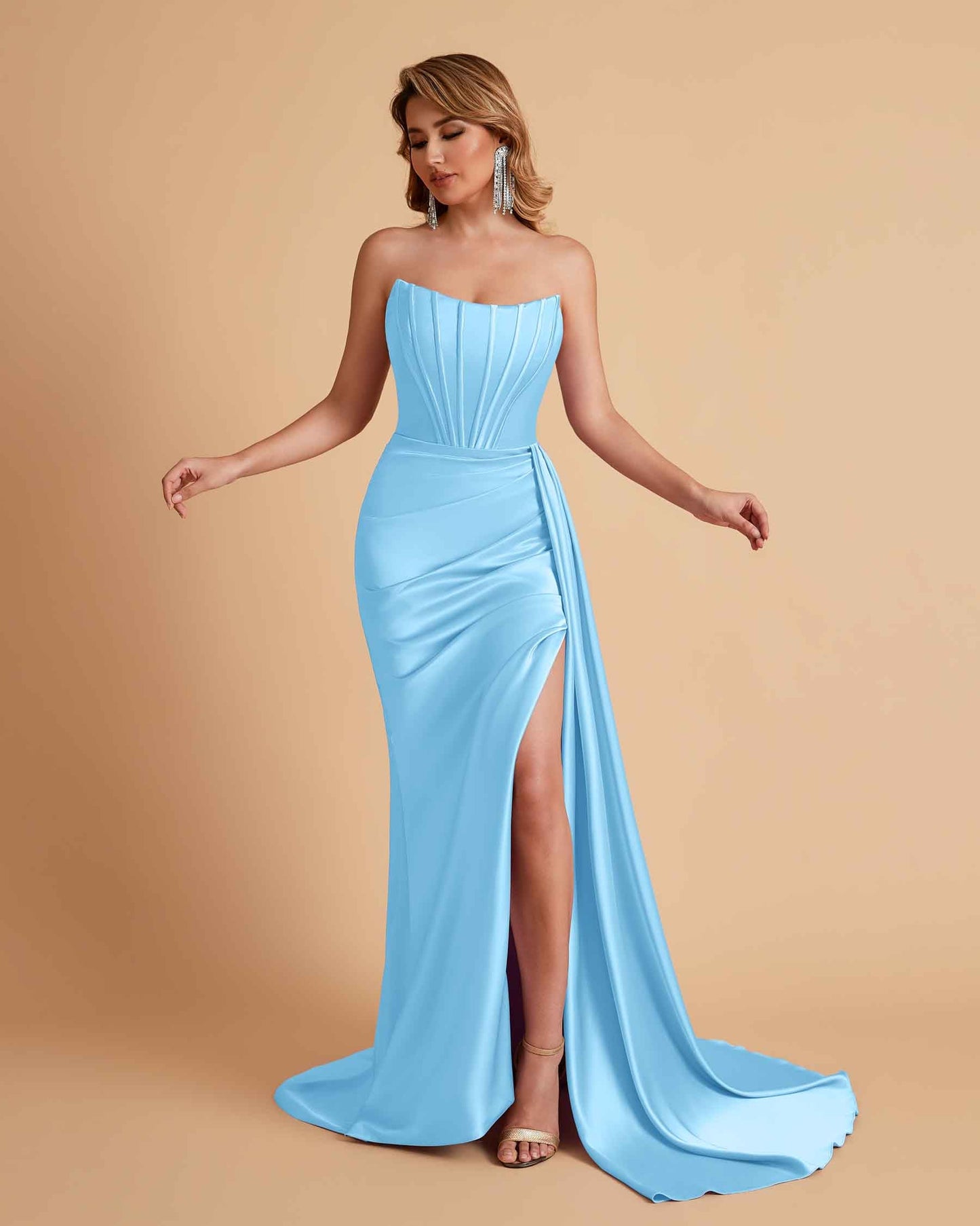 Sexy Satin Sleeveless Pleats Mermaid Bridesmaid Dresses Side Slit Floor Length
