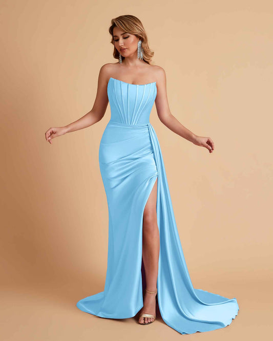 Sexy Satin Sleeveless Pleats Mermaid Bridesmaid Dresses Side Slit Floor Length