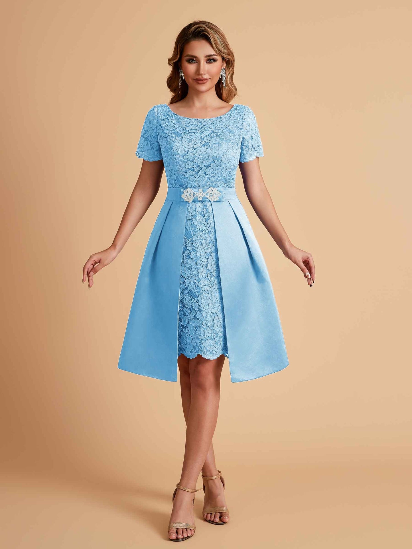 Elegant A-line Short Sleeves Jewel Knee Length Mother of the Brides Dresses