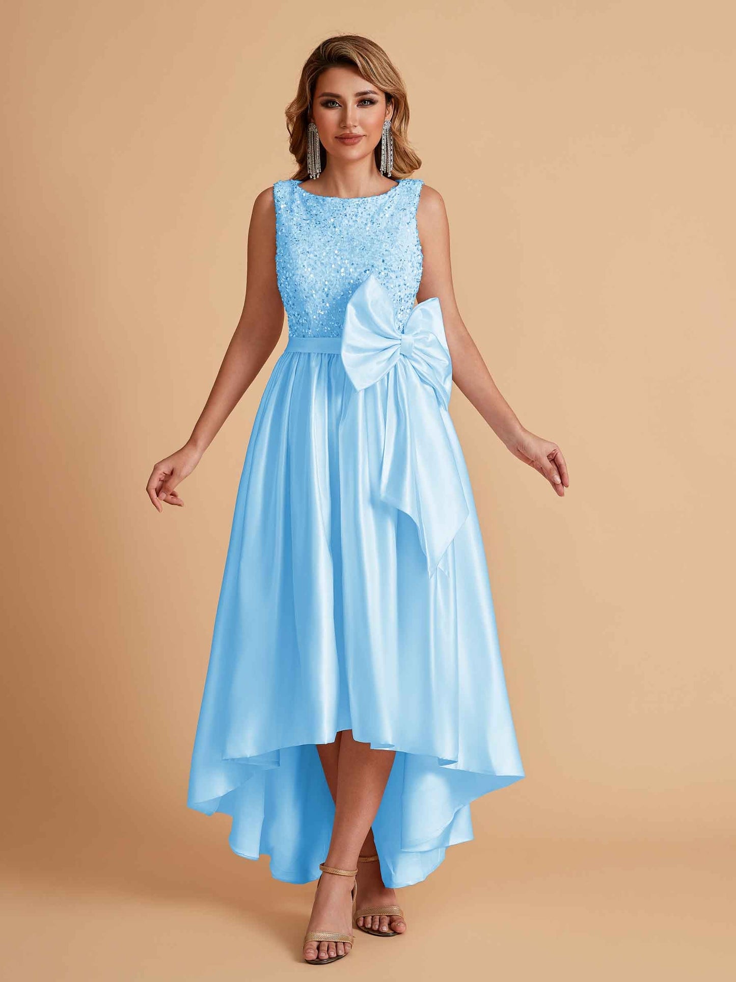 Sparkly Satin Sleeveless Pleats A-line Bridesmaid Dresses High-Low