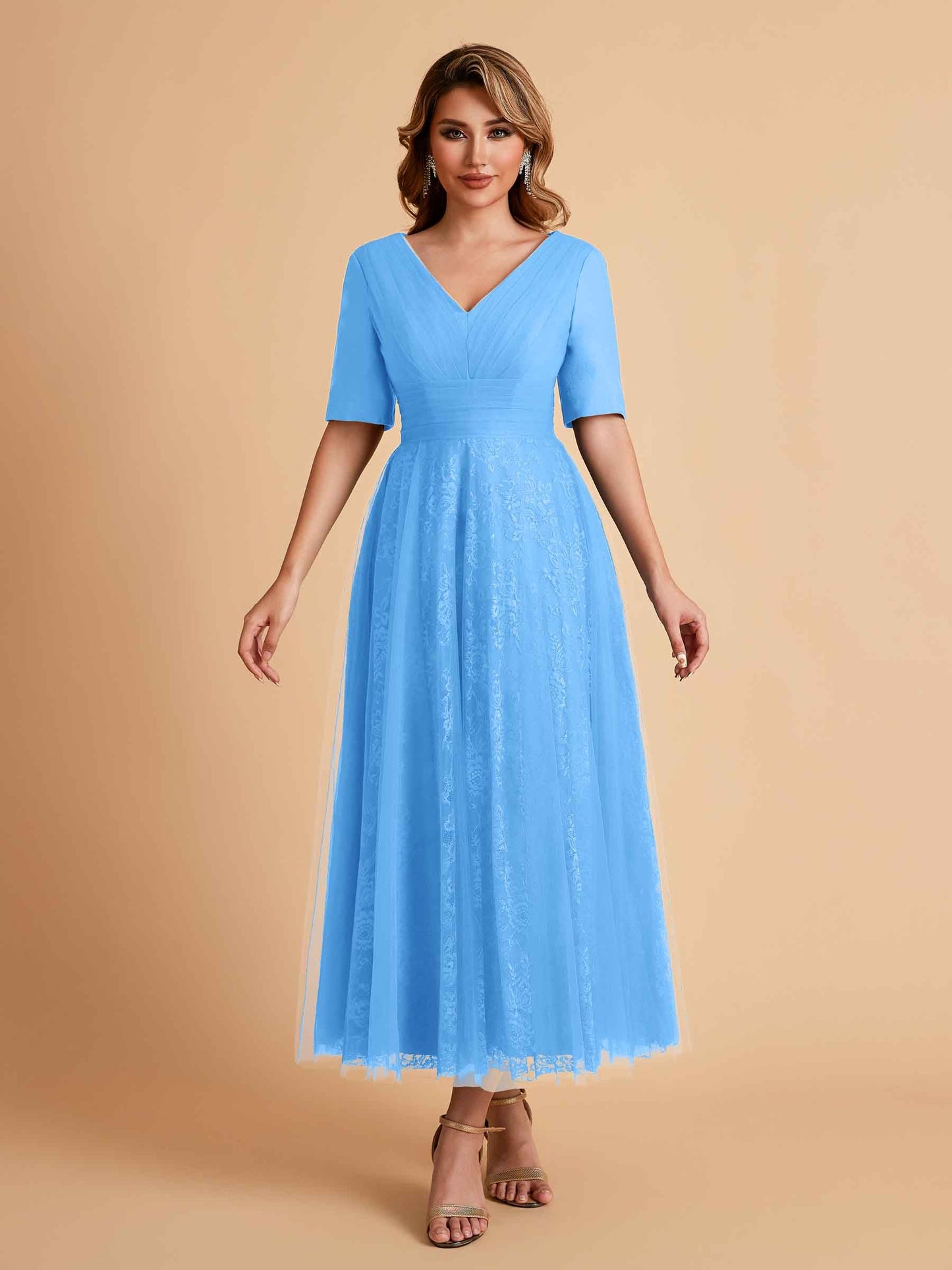 Elegant A-line Half Sleeves V-neck Mother of the Brides Dresses Online