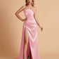 Sexy Satin Strapless Pleats Mermaid Bridesmaid Dresses Side Slit Floor Length