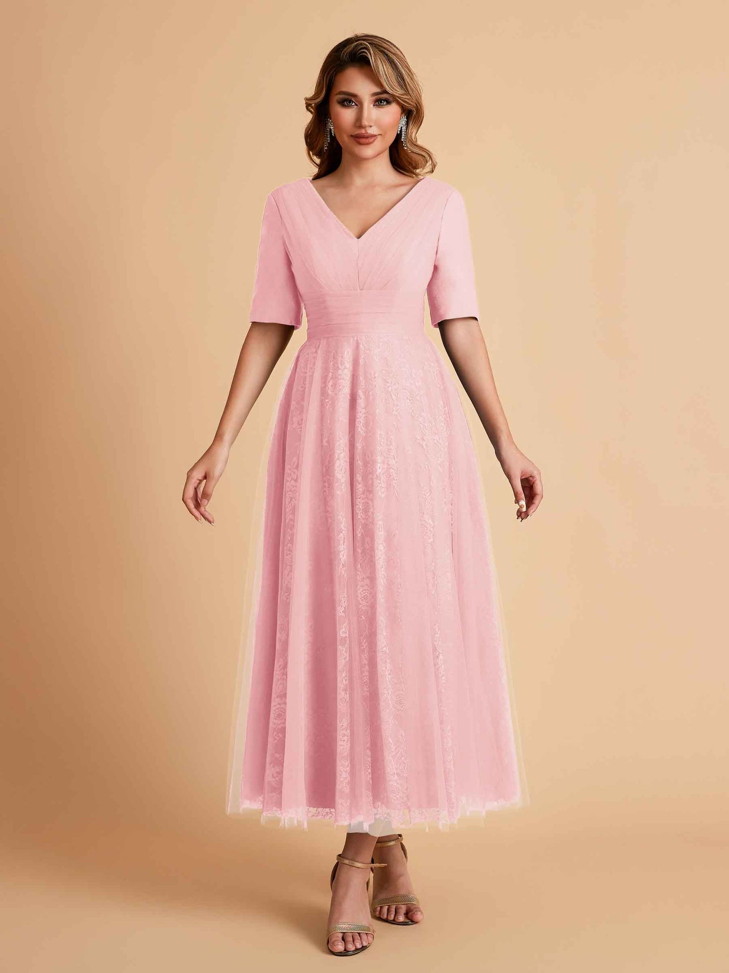 Elegant A-line Half Sleeves V-neck Mother of the Brides Dresses Online
