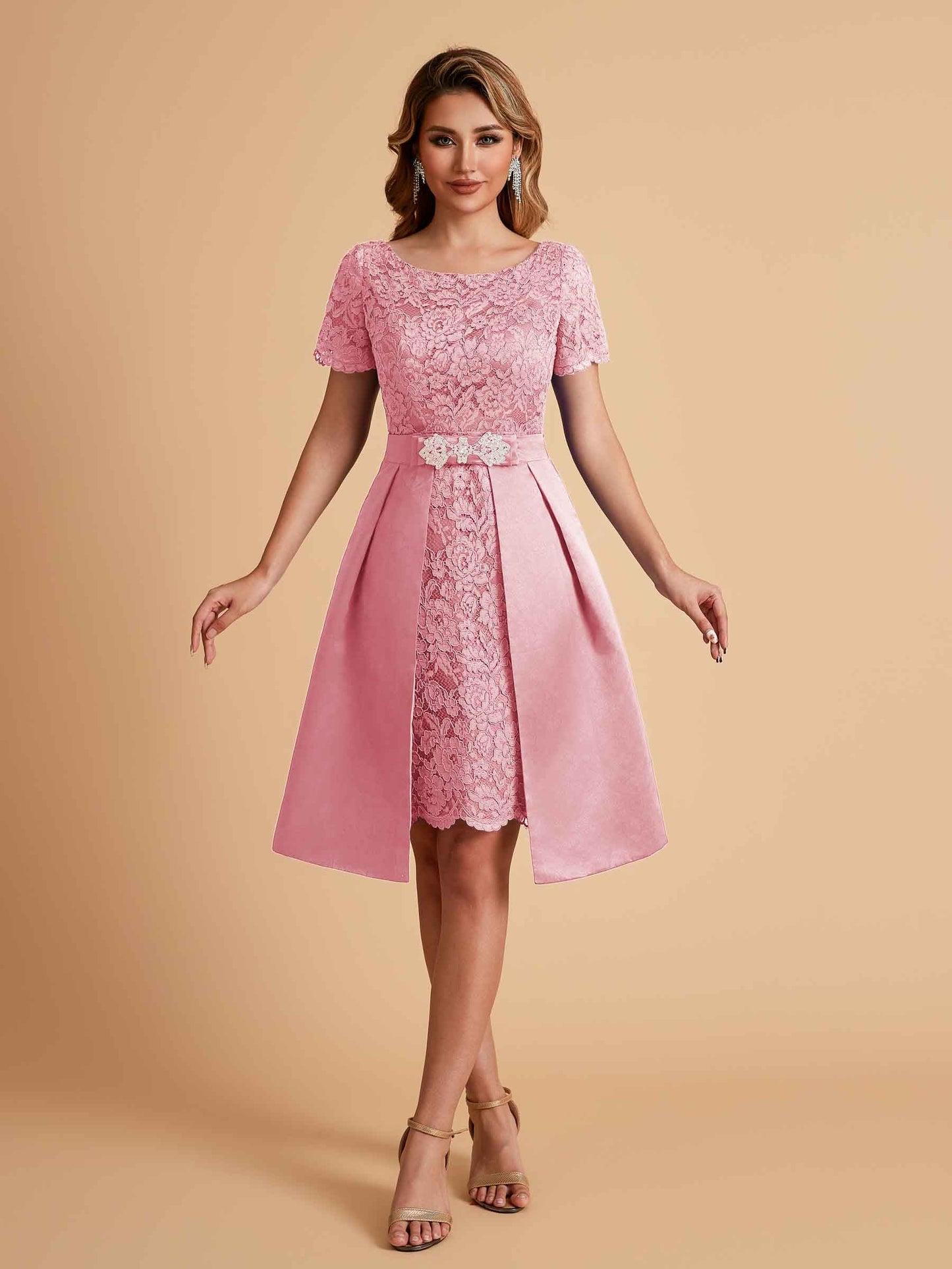 Elegant A-line Short Sleeves Jewel Knee Length Mother of the Brides Dresses