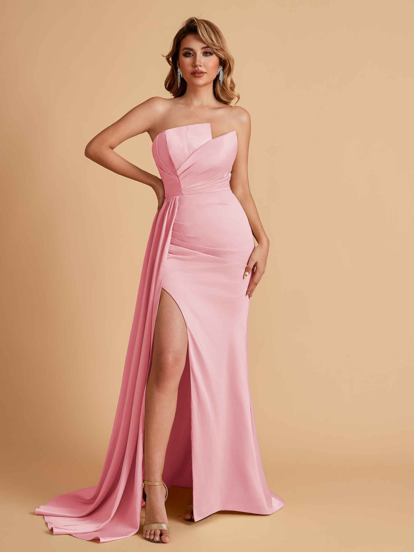 Elegant Satin Sleeveless Asymmetrical Mermaid Side Slit Floor Length Bridesmaid Dresses