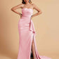 Sexy Satin Side Slit Strapless Pleats Floor Length Mermaid Bridesmaid Dresses