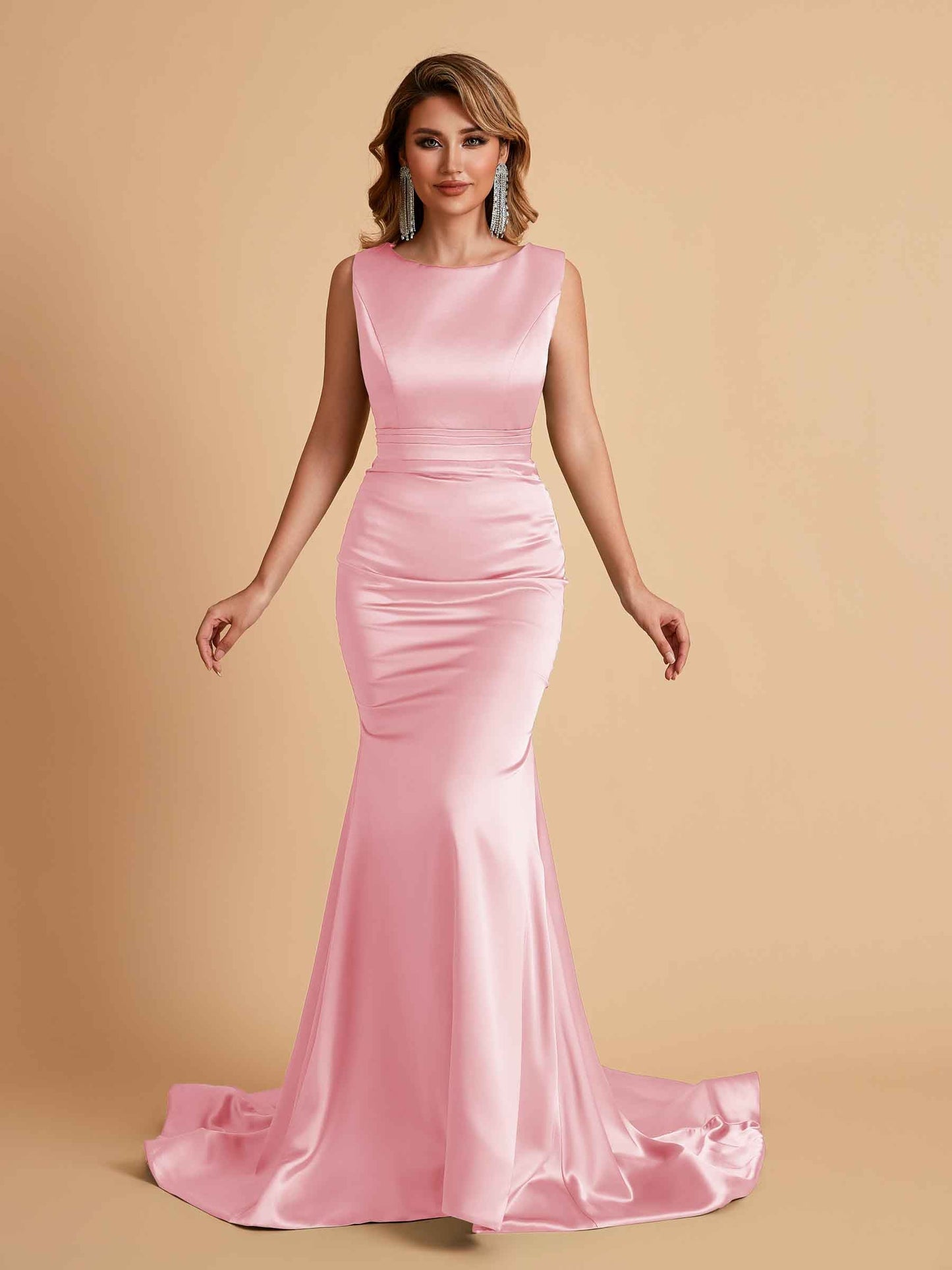 Elegant Satin Sleeveless Pleats Mermaid Bridesmaid Dresses Floor Length