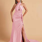 Elegant Satin Halter Pleats Side Slit Mermaid Bridesmaid Dresses Floor-Length