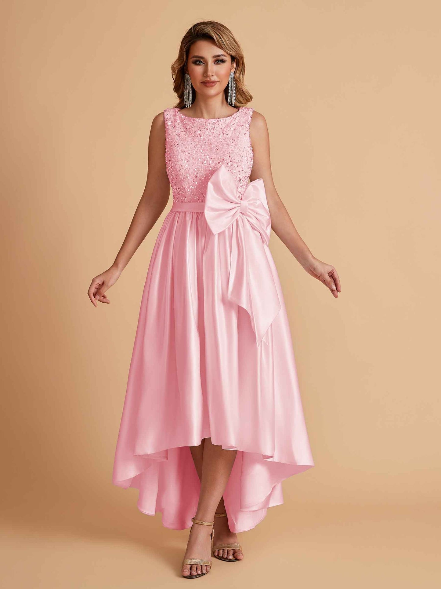 Sparkly Satin Sleeveless Pleats A-line Bridesmaid Dresses High-Low
