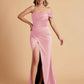Sexy Satin One Shoulder Pleats Mermaid Bridesmaid Dresses Side Slit Floor Length