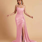 Sexy Satin Sleeveless Pleats Mermaid Bridesmaid Dresses Side Slit Floor Length