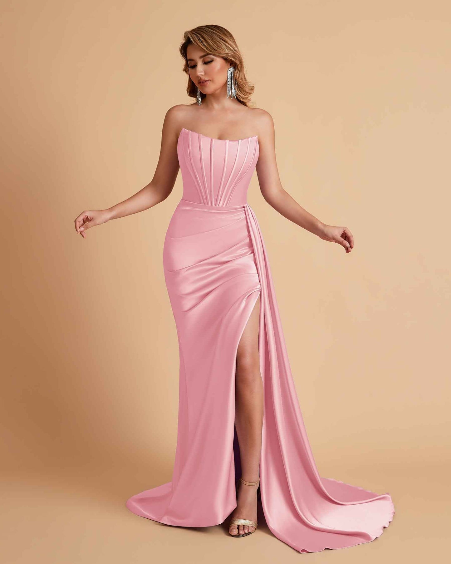 Sexy Satin Sleeveless Pleats Mermaid Bridesmaid Dresses Side Slit Floor Length