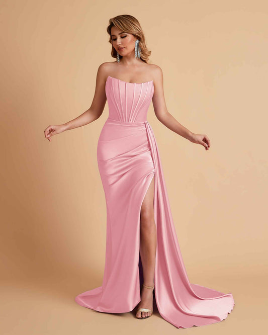 Sexy Satin Sleeveless Pleats Mermaid Bridesmaid Dresses Side Slit Floor Length