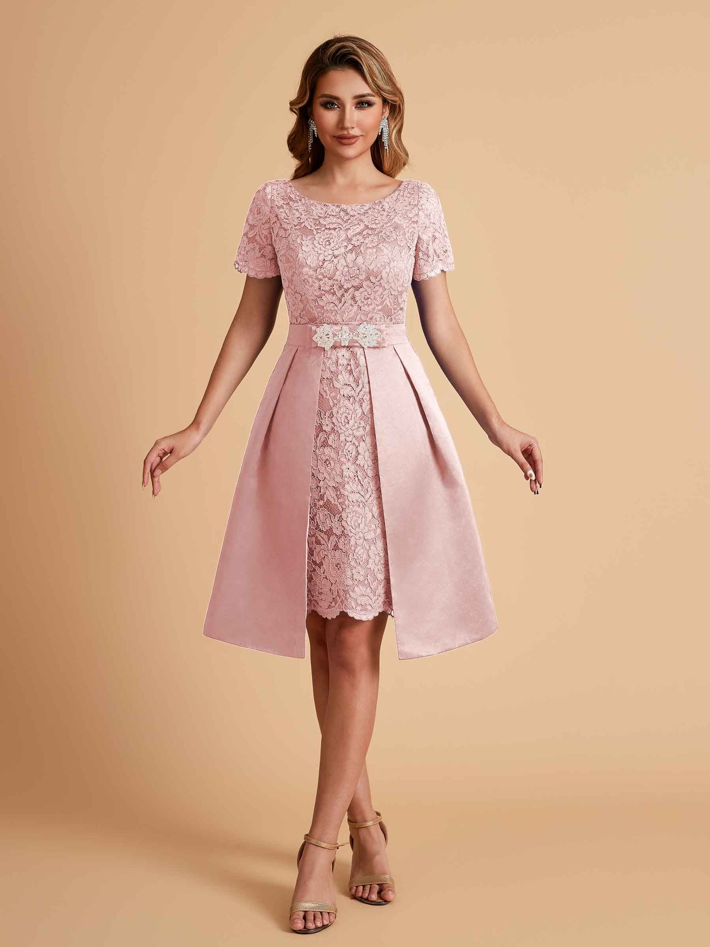Elegant A-line Short Sleeves Jewel Knee Length Mother of the Brides Dresses