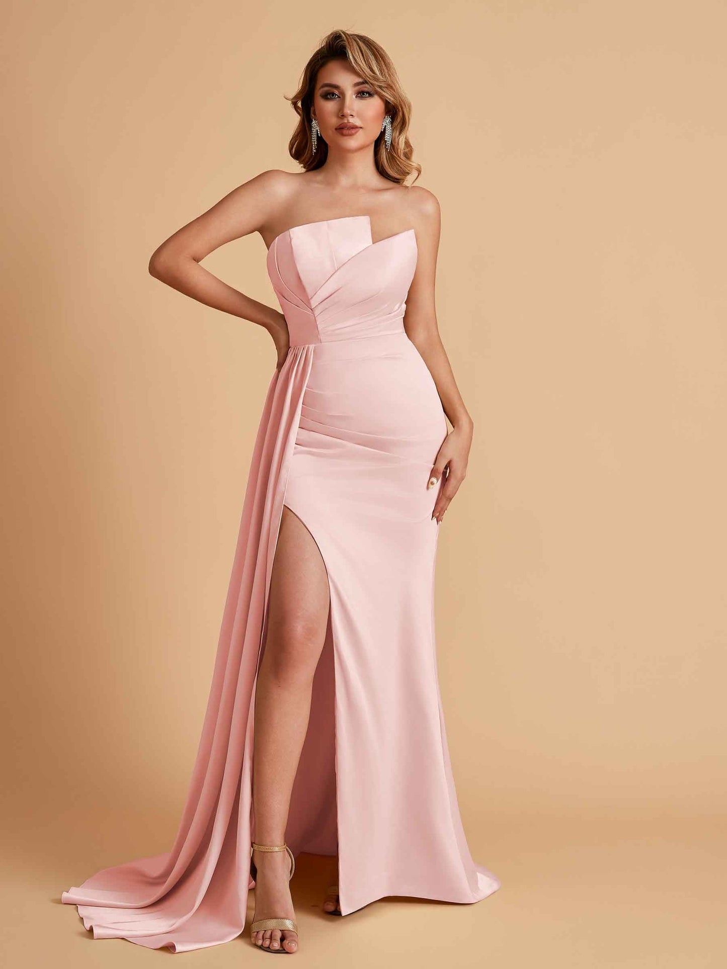 Elegant Satin Sleeveless Asymmetrical Mermaid Side Slit Floor Length Bridesmaid Dresses