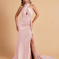 Elegant Satin Halter Pleats Side Slit Mermaid Bridesmaid Dresses Floor-Length