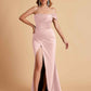 Sexy Satin One Shoulder Pleats Mermaid Bridesmaid Dresses Side Slit Floor Length