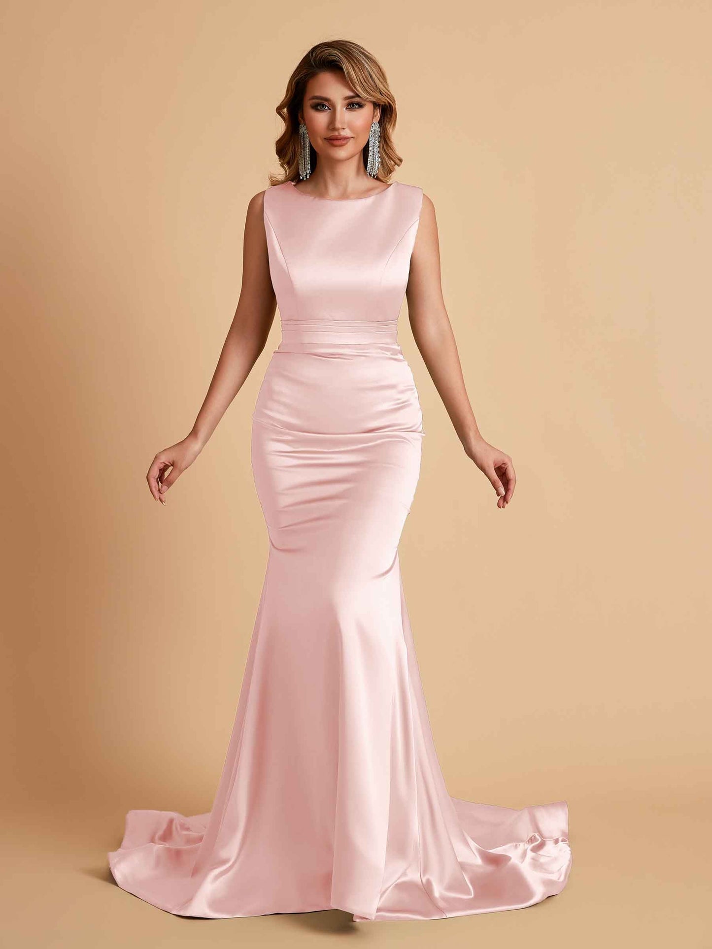Elegant Satin Sleeveless Pleats Mermaid Bridesmaid Dresses Floor Length