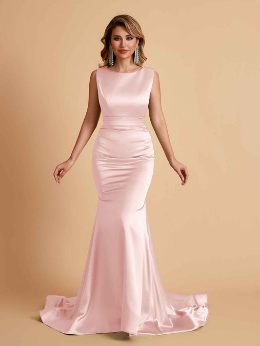 Elegant Satin Sleeveless Pleats Mermaid Bridesmaid Dresses Floor Length