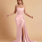 Sexy Satin Sleeveless Pleats Mermaid Bridesmaid Dresses Side Slit Floor Length
