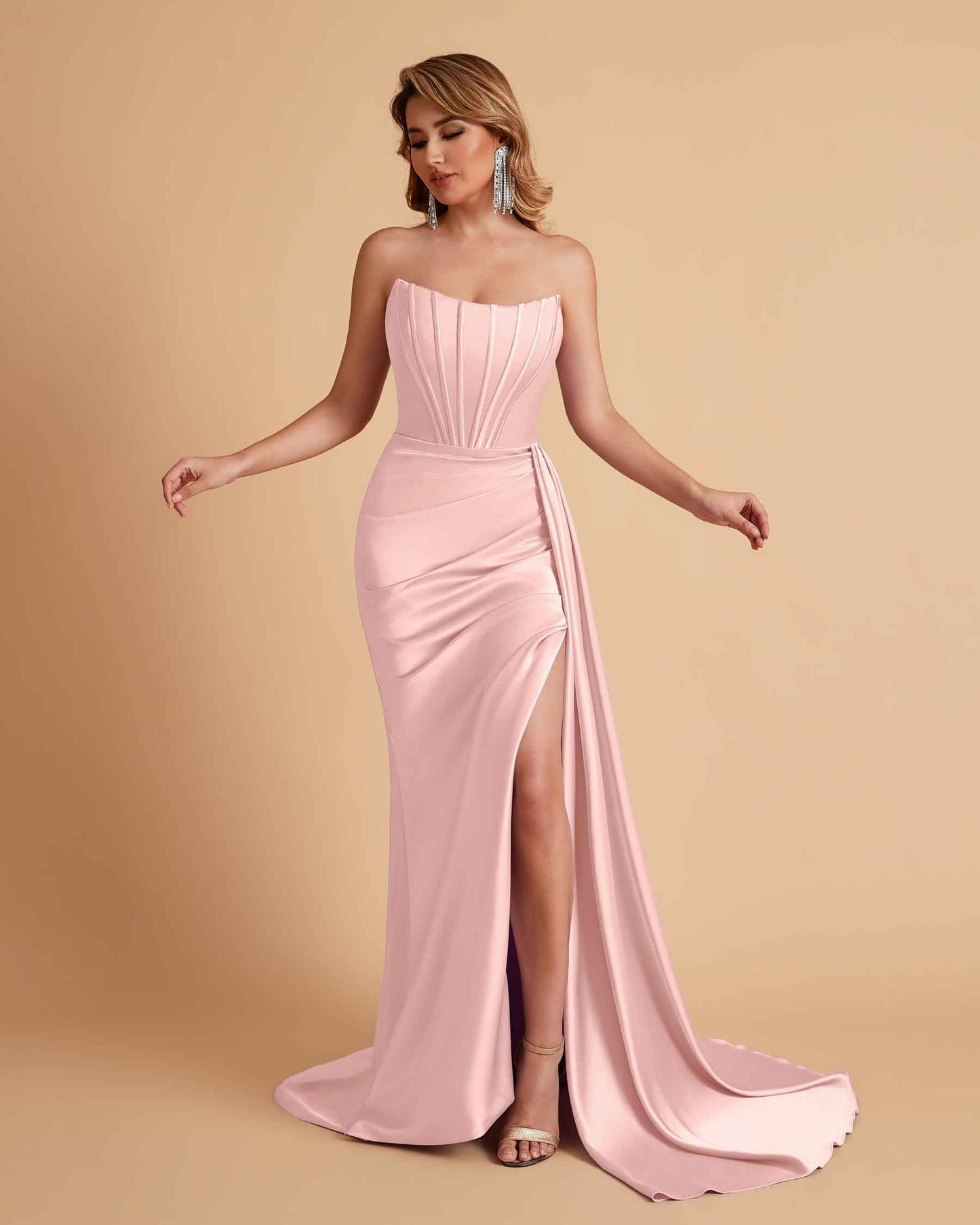 Sexy Satin Sleeveless Pleats Mermaid Bridesmaid Dresses Side Slit Floor Length